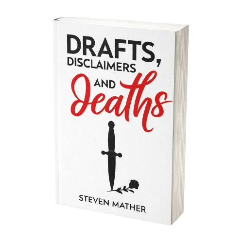 Drafts, Disclaimers and Deaths — 3D book cover